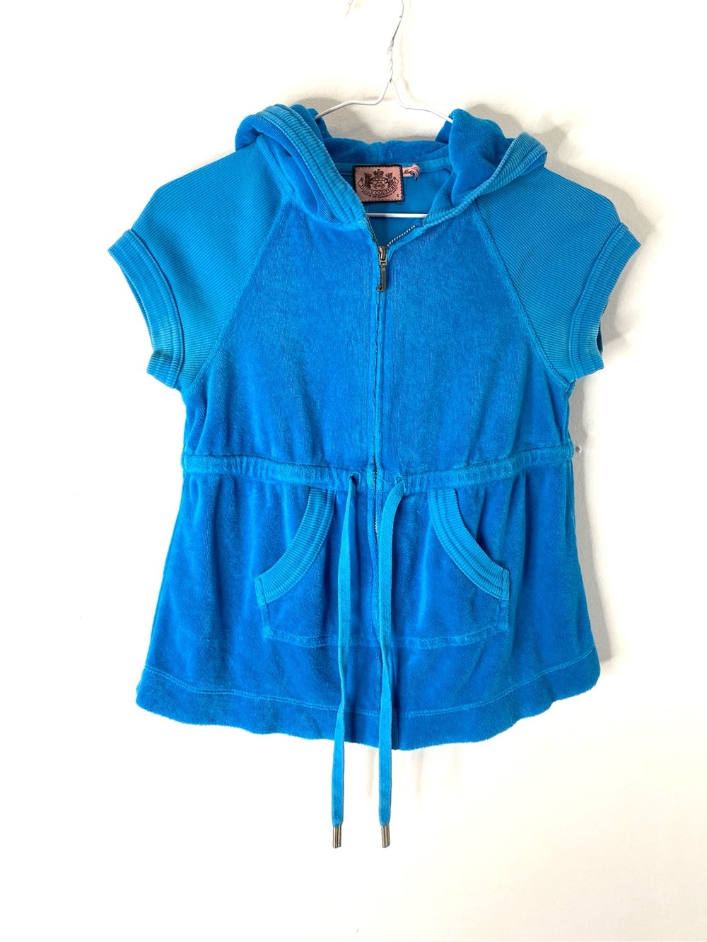 Juicy Couture Y2K Blue Terry Cloth Short Sleeve Zip Hoodie Made in USA